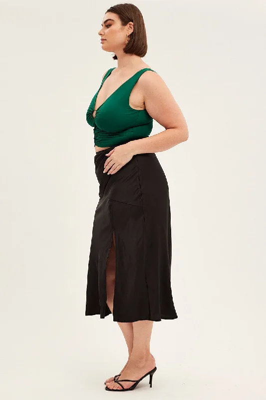 Black Midi Skirt High Waist Split Satin