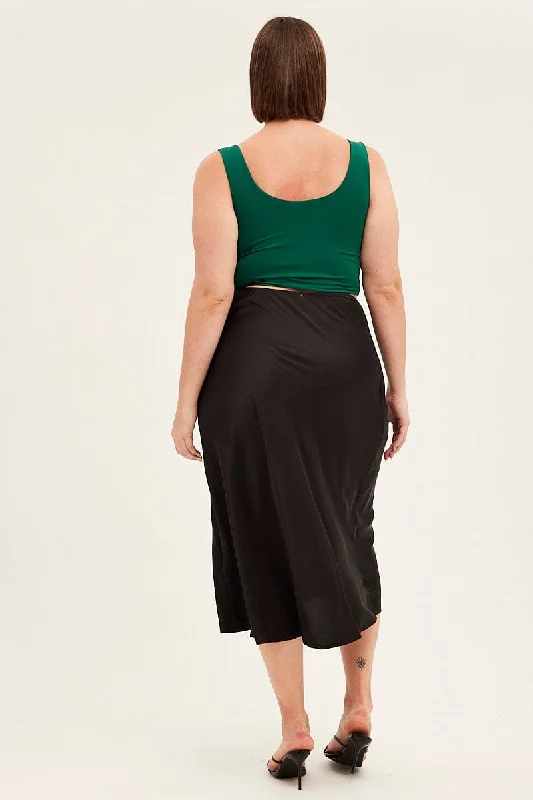 Black Midi Skirt High Waist Split Satin