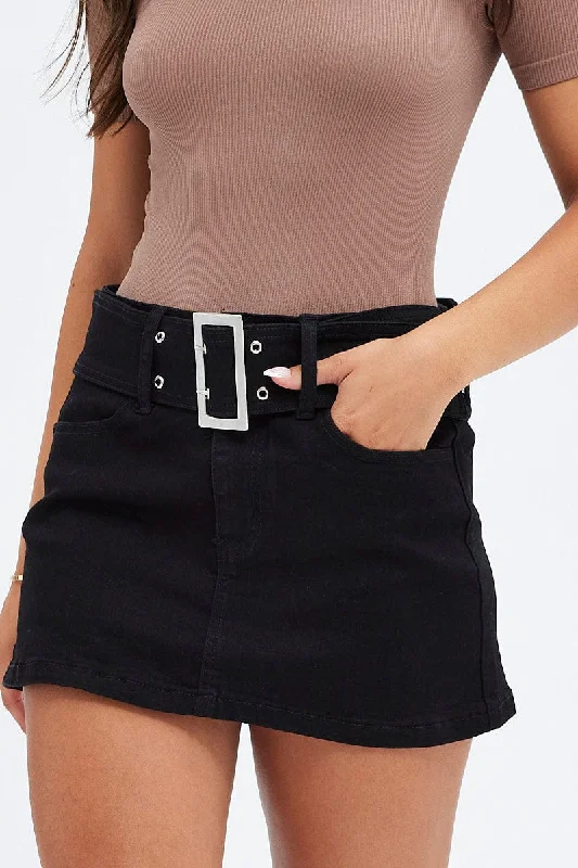 Black Mini Skirt Belted Low Rise