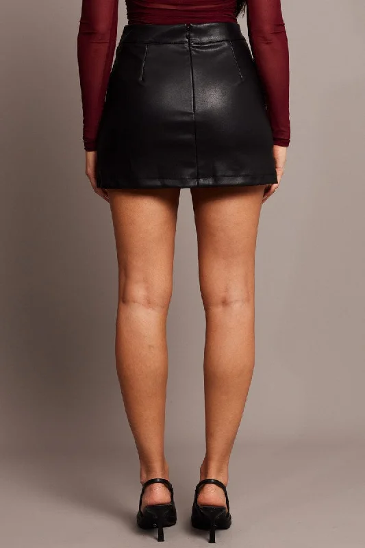 Black Mini Skirt High Rise Faux Leather