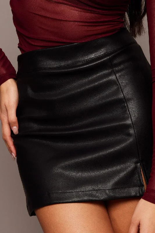 Black Mini Skirt High Rise Faux Leather