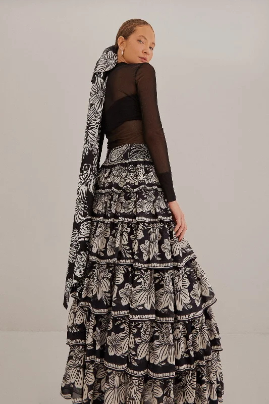 Black Paisley Bloom Tiered Skirt