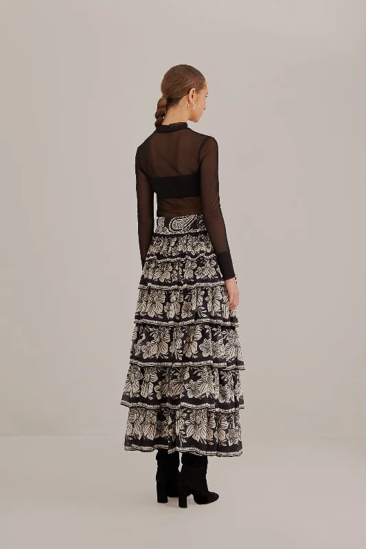 Black Paisley Bloom Tiered Skirt