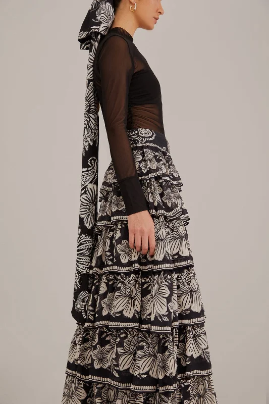 Black Paisley Bloom Tiered Skirt