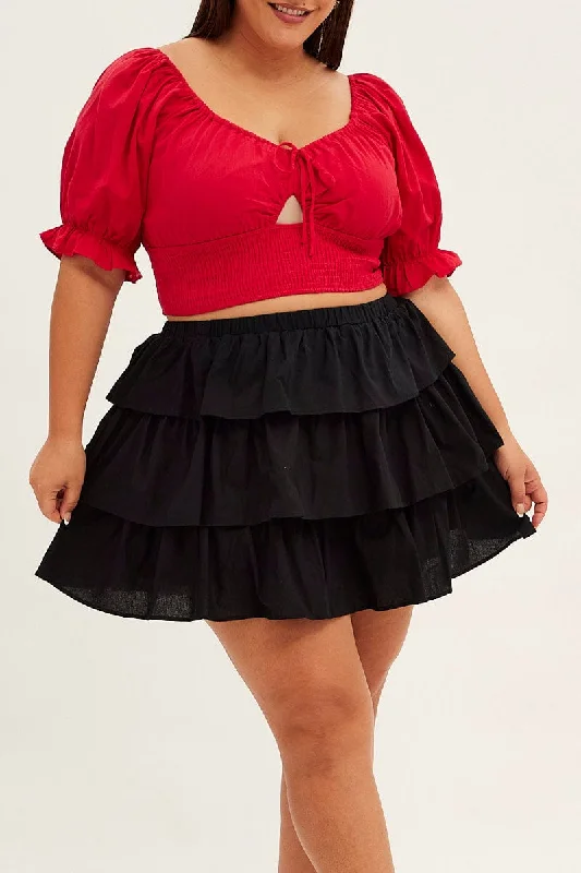 Black Skater Skirt Ruffle Cotton Mini