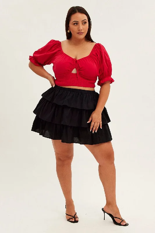 Black Skater Skirt Ruffle Cotton Mini