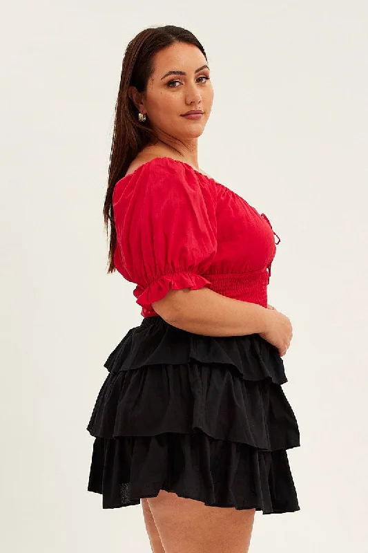 Black Skater Skirt Ruffle Cotton Mini