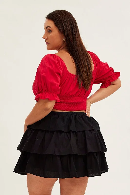 Black Skater Skirt Ruffle Cotton Mini