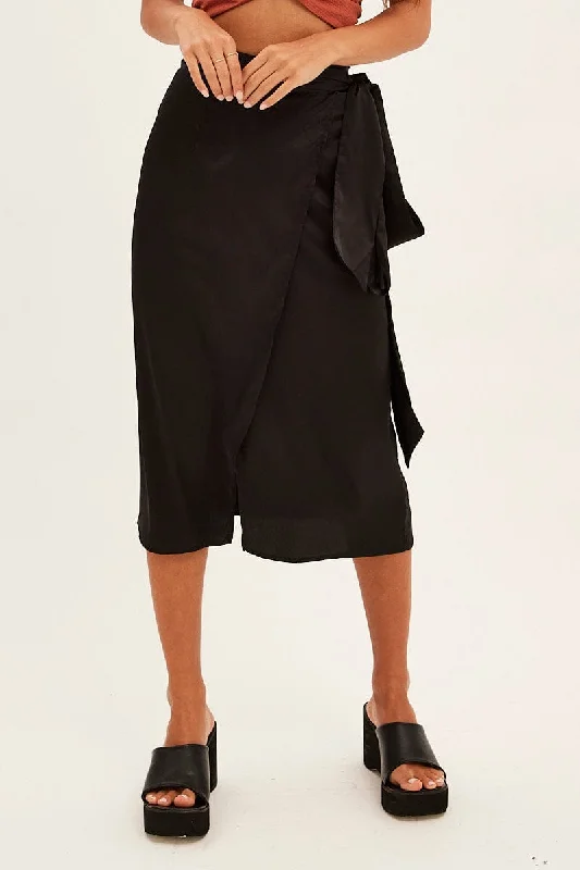 Black Tie Front Satin Midi Skirt