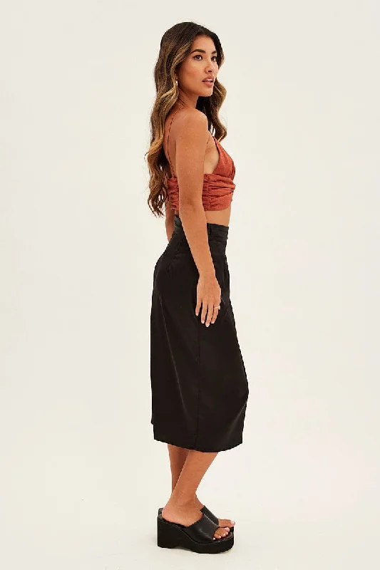 Black Tie Front Satin Midi Skirt