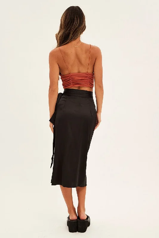 Black Tie Front Satin Midi Skirt