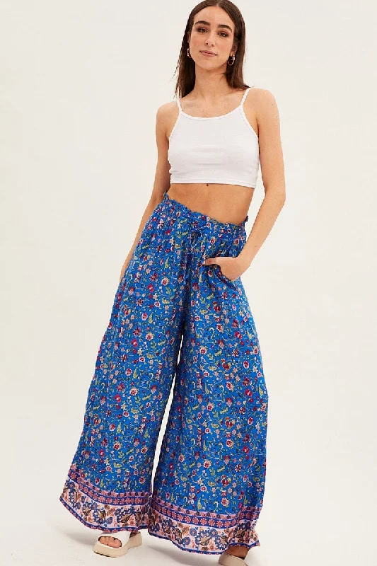 Blue Boho Wide Leg Pants High Rise