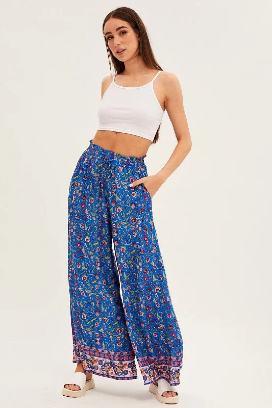 Blue Boho Wide Leg Pants High Rise