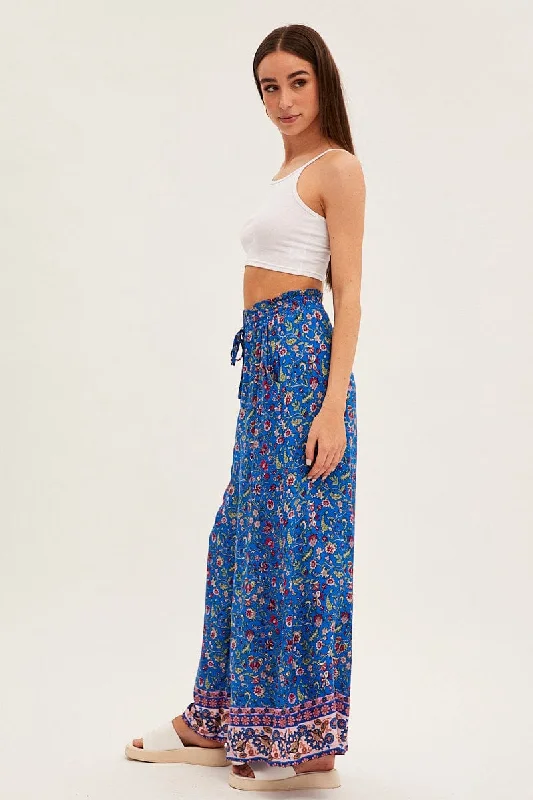 Blue Boho Wide Leg Pants High Rise