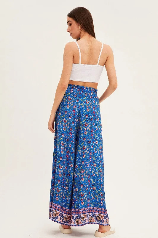 Blue Boho Wide Leg Pants High Rise