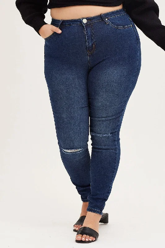 Blue Denim Jean High Rise Slash Knee Skinny