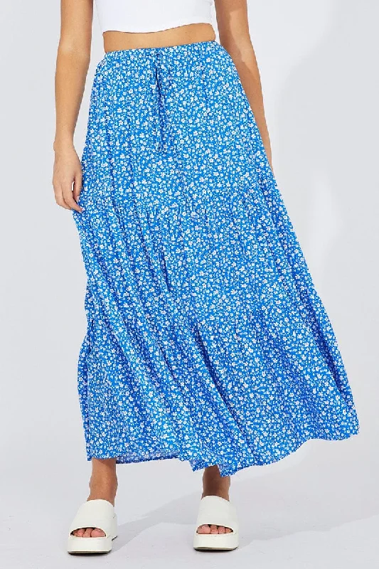 Blue Ditsy Maxi Skirt High Rise