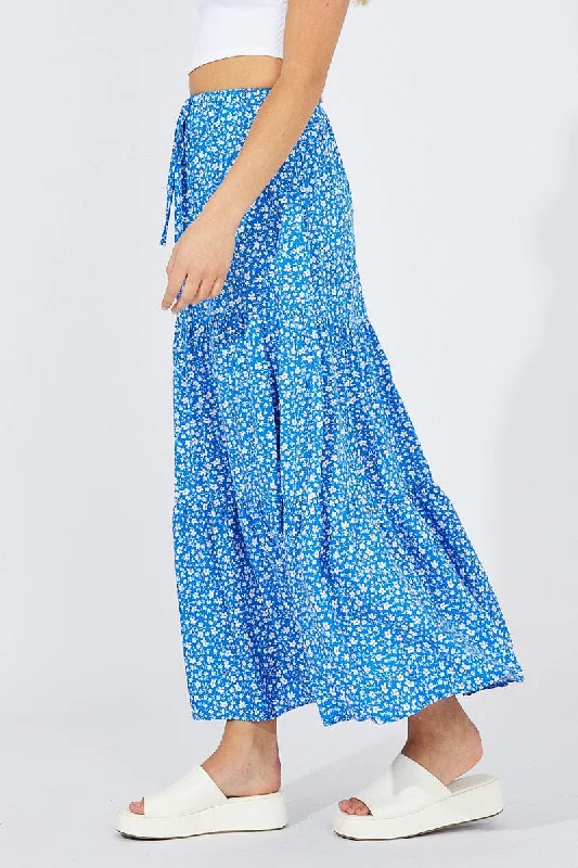 Blue Ditsy Maxi Skirt High Rise