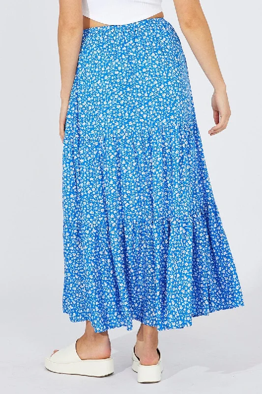 Blue Ditsy Maxi Skirt High Rise