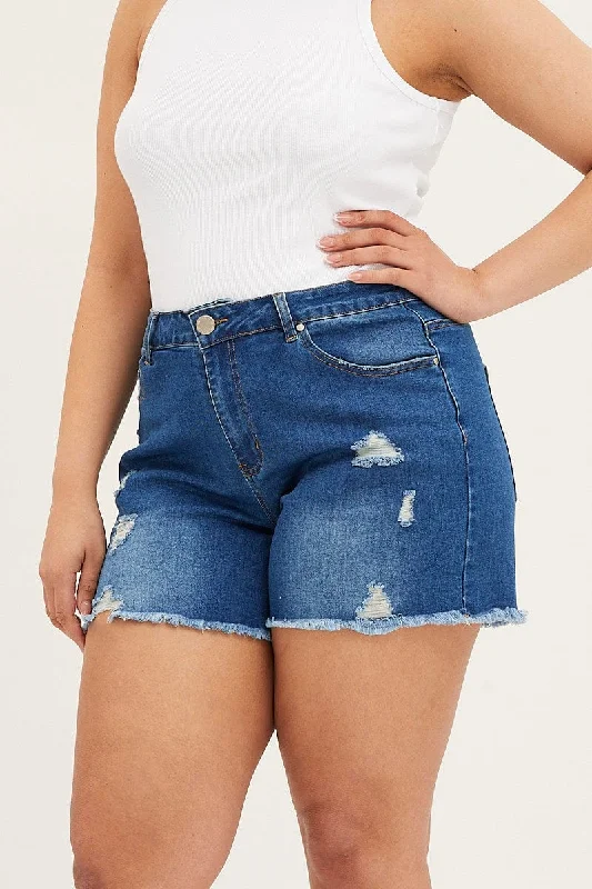 Blue High Rise Distressed Skinny Denim Shorts