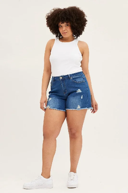 Blue High Rise Distressed Skinny Denim Shorts