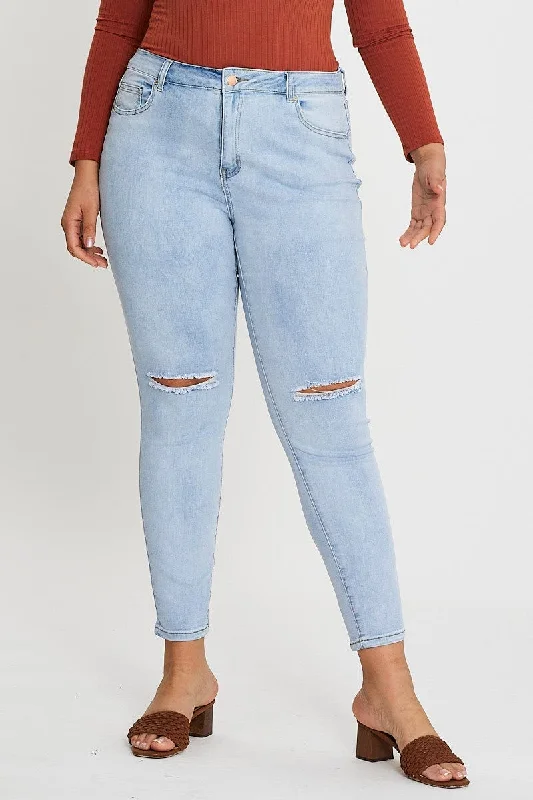 Blue High Rise Knee Distress Denim Skinny Jeans