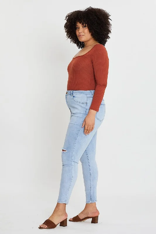 Blue High Rise Knee Distress Denim Skinny Jeans