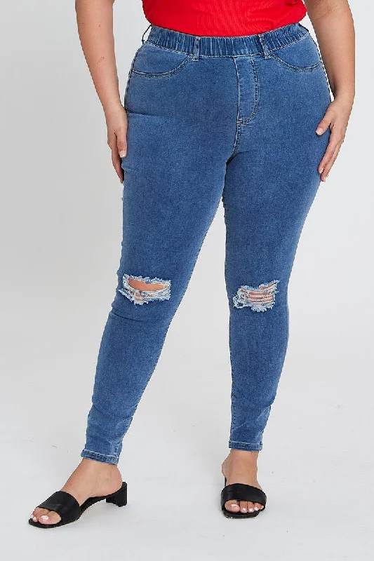 Blue Knee Jeggings High Rise Slash