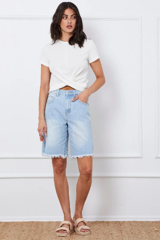 Blue Knee Length Denim Shorts High Rise