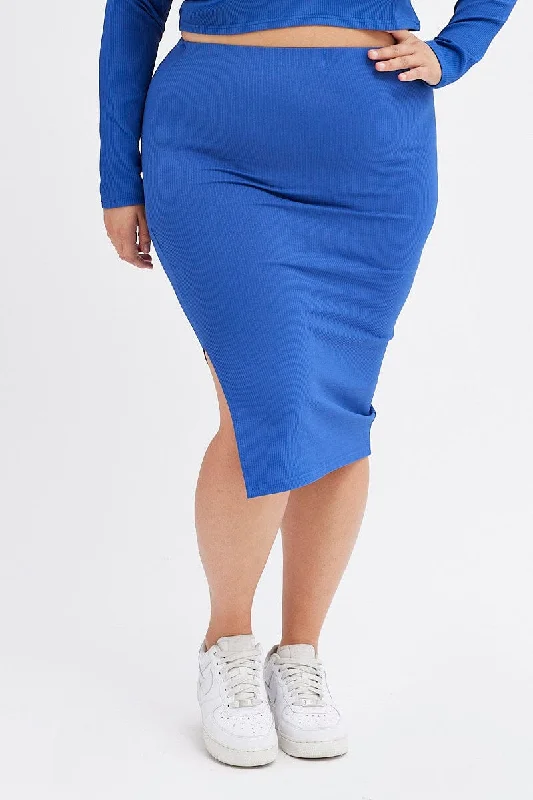 Blue Midi Skirt Rib Jersey Seamless Look