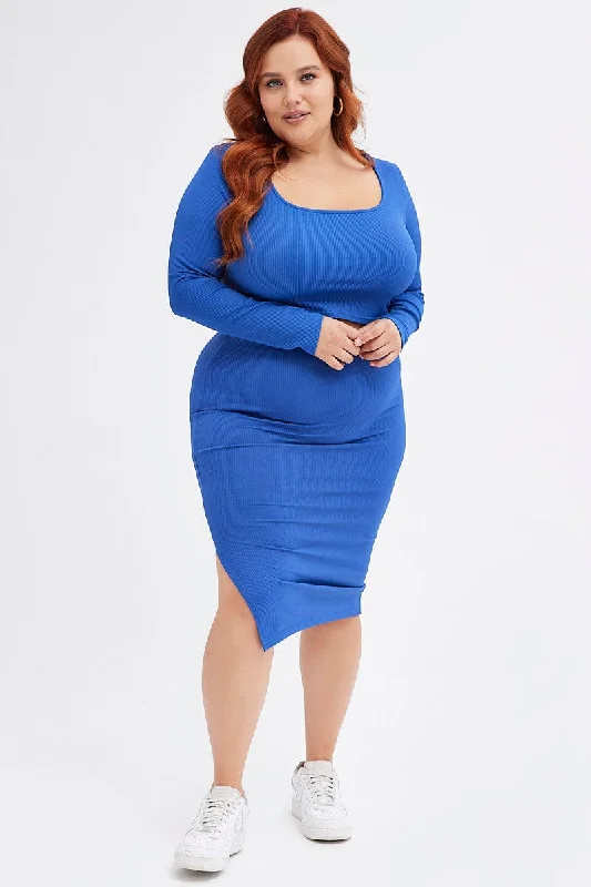 Blue Midi Skirt Rib Jersey Seamless Look