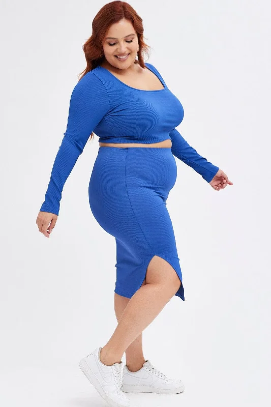 Blue Midi Skirt Rib Jersey Seamless Look