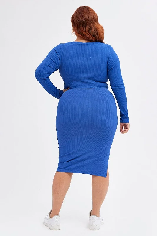 Blue Midi Skirt Rib Jersey Seamless Look