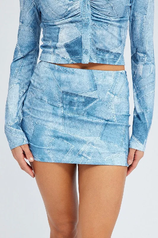 Blue Print Mini Skirt Low Rise