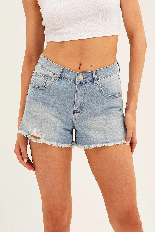 Blue Relaxed Denim Shorts Mid Rise