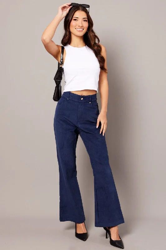 Blue Wide Leg Pants High Rise Corduroy