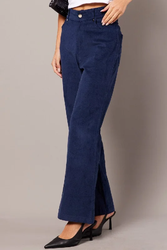 Blue Wide Leg Pants High Rise Corduroy