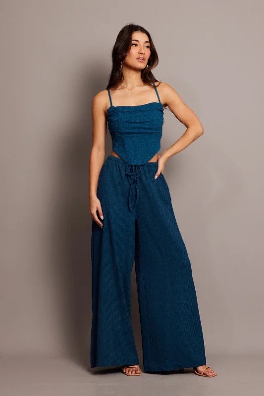 Blue Wide Leg Pants High Rise Textured Fabric