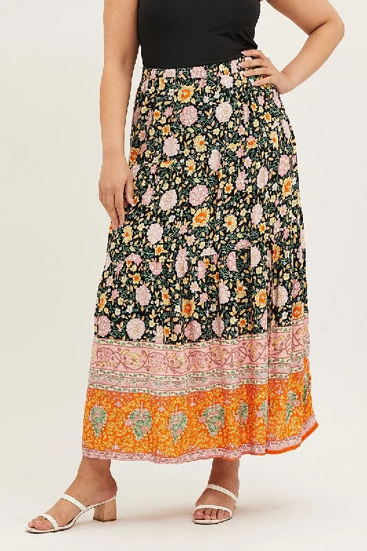 Boho Print Elastic Waist Maxi Skirt