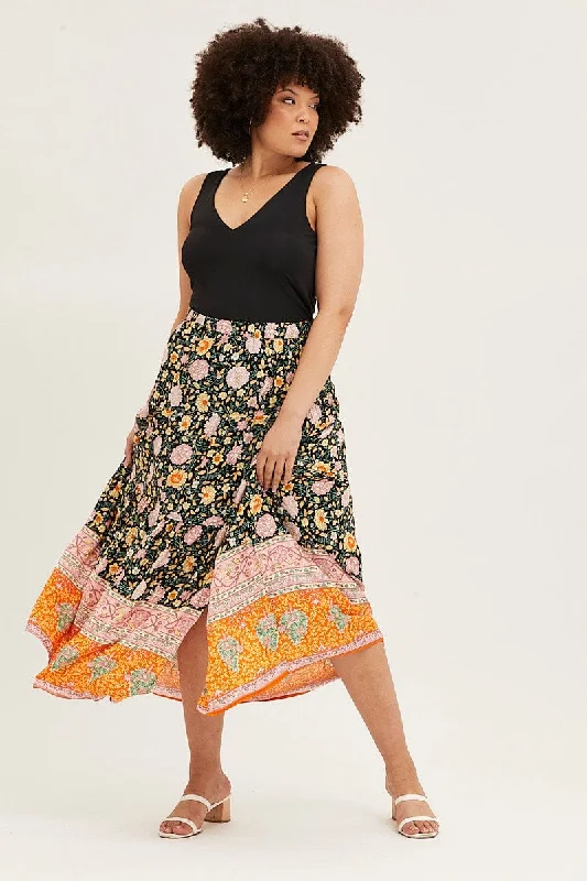 Boho Print Elastic Waist Maxi Skirt