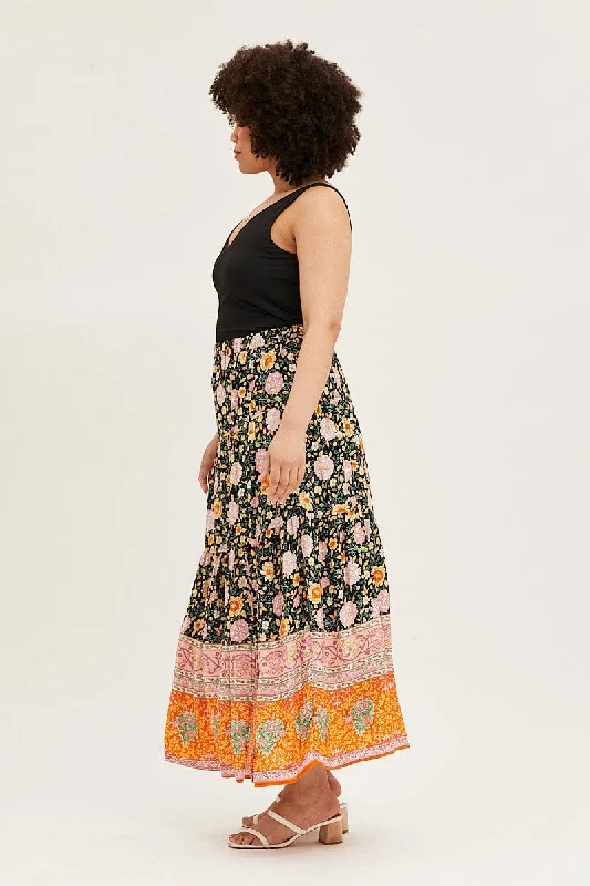 Boho Print Elastic Waist Maxi Skirt