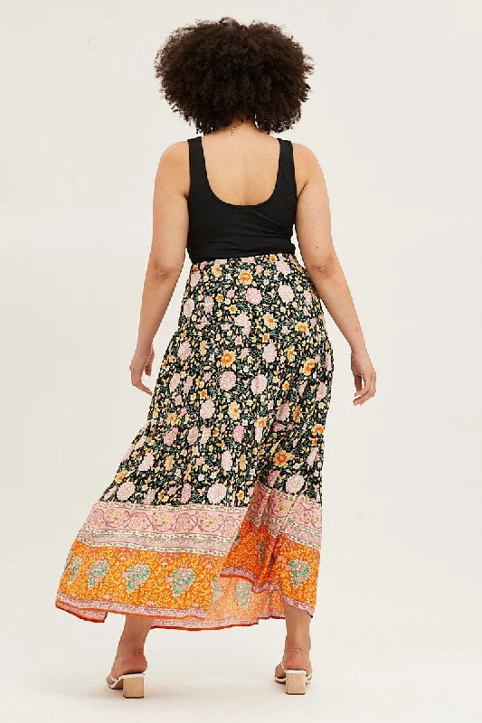 Boho Print Elastic Waist Maxi Skirt