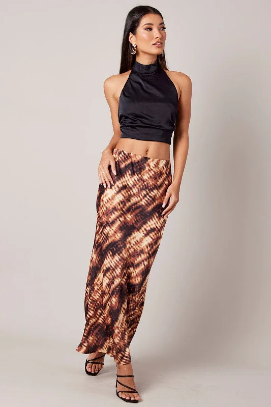 Brown Abstract Slip Skirt Maxi Satin