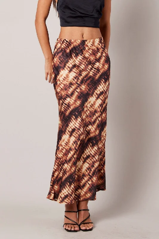 Brown Abstract Slip Skirt Maxi Satin