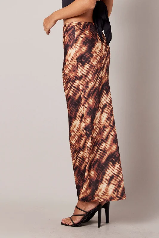 Brown Abstract Slip Skirt Maxi Satin