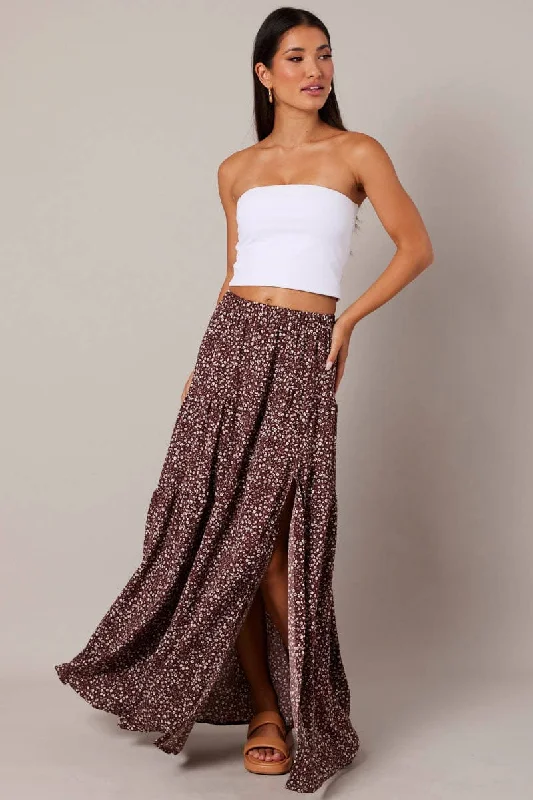 Brown Ditsy Maxi Skirt High Rise Tiered