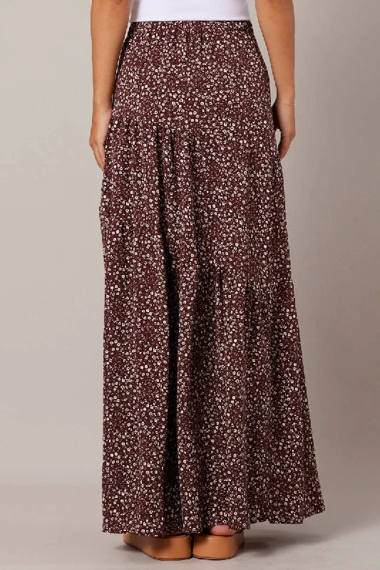 Brown Ditsy Maxi Skirt High Rise Tiered