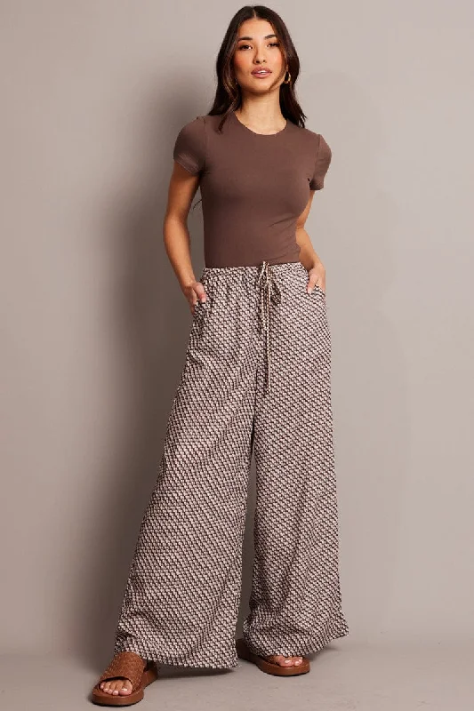 Brown Geo Wide Leg Pants High Rise