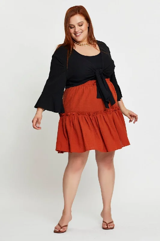 Brown Mini Skater Skirt Clay Elastic Waist