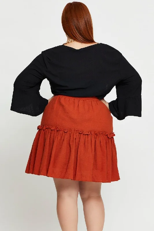 Brown Mini Skater Skirt Clay Elastic Waist